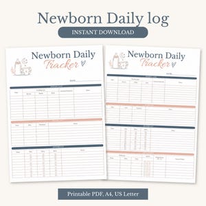 Puede incluir: Dos hojas de papel blancas tituladas Newborn Daily log y Newborn Daily Tracker con texto en azul oscuro y rosa suave. Los formularios incluyen secciones para el registro de alimentación, sueño y pañales, con iconos de biberón.