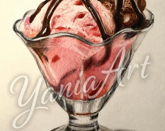 Original Ice Cream Sundae Painting – Strawberry Ice Cream with Chocolate Syrup – Realistic Dessert Wall Art