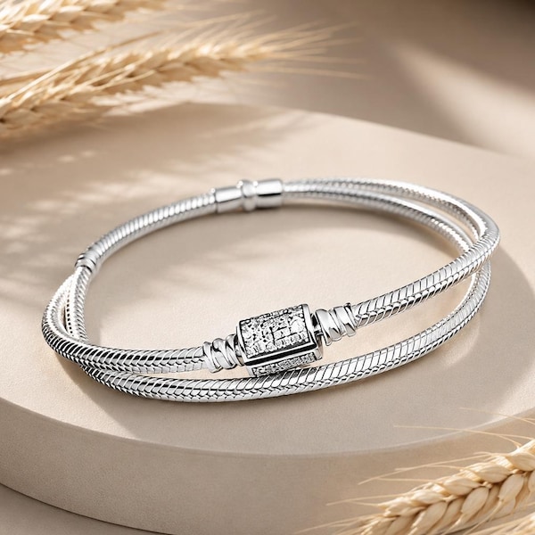 Pandora Armband aus 925er Sterlingsilber mit doppelter Schlangenkette, Armband mit quadratischem Zirkonia-Verschluss, minimalistisches Schmuckgeschenk für Damen