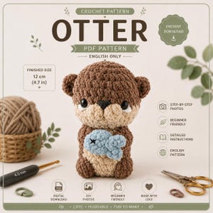 Otter Crochet Pattern PDF, Beginner Amigurumi Tutorial with Fish, Instant Download