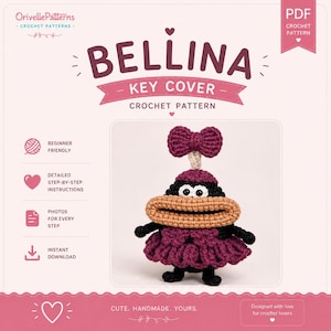 May include: A digital PDF crochet pattern for a Bellina key cover. The image features a small, black crocheted character with a wide tan mouth, a dark purple skirt, a matching hat, and a bow on top. The text reads OrivellePatterns and Bellina Key Cover.
