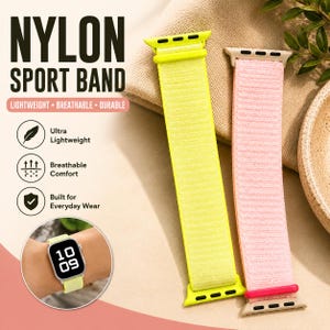 Peut inclure: Deux bracelets de sport en nylon pour montre connectée, l'un jaune néon et l'autre rose clair. Les bracelets présentent des attaches métalliques et une texture tissée. Le texte sur l'image indique NYLON SPORT BAND, LIGHTWEIGHT, BREATHABLE, DURABLE.
