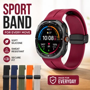 May include: A smartwatch with a dark gray casing and a maroon silicone sport band. The digital display shows the time 10:08, date, weather, heart rate, and battery level. Text on the image includes SPORT BAND, FOR EVERY MOVE, and MADE FOR EVERYDAY.