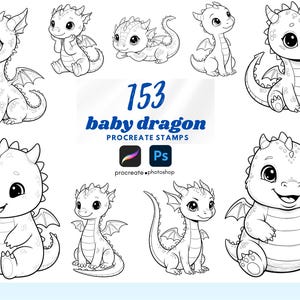 153 tampons Procreate Bébé Dragon, éléments fantastiques, pinceaux d'art numérique (téléchargement numérique)