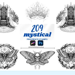 Peut inclure: Une collection numérique de 209 tampons mystiques Procreate pour Procreate et Photoshop. Les graphismes présentent des illustrations en noir et blanc au trait, incluant un trône avec des loups, une couronne de cristaux, des papillons et un papillon à tête de mort.