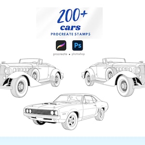 Könnte beinhalten: Eine digitale Sammlung von 200+ cars Procreate stamps mit schwarz-weißen Strichzeichnungen von Oldtimern und modernen Fahrzeugen. Die Grafik enthält Symbole für Procreate und Photoshop sowie den Text 200+ cars PROCREATE STAMPS.