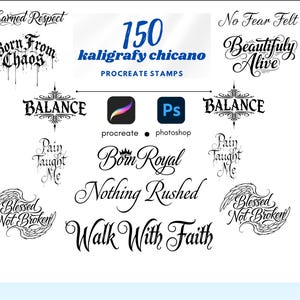 Puede incluir: Una colección digital de 150 sellos de caligrafía chicana para Procreate que incluye varias frases como Earned Respect, Born From Chaos, No Fear Felt, Beautifully Alive, Balance, Pain Taught Me, Born Royal, Nothing Rushed y Walk With Faith.