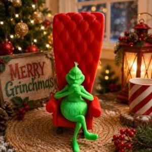 May include: A bright green Grinch figurine with a pointed head and long limbs sits in a tall, red, tufted high-back chair. The figurine has its hands clasped together near its chin and its legs crossed while resting on the seat of the chair.