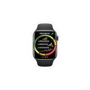 May include: A black smartwatch featuring a digital display with a circular gauge. The screen shows the text PROGRESS, MONITOR, and INTERVENE alongside a bar graph, a magnifying glass icon, and a line chart. The interface uses green, yellow, and red colors.