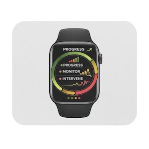 May include: A black smartwatch with a rectangular screen displaying a circular progress graphic. The interface features the text PROGRESS, MONITOR, and INTERVENE alongside bar charts, a magnifying glass icon, and a red line graph on a dark background.