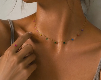 Rainbow Zircon Necklace, 14K Gold Plated Sterling Silver, Colorful Gemstone Choker