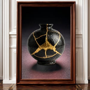 May include: A round, black vase with a textured surface featuring prominent gold-coloured cracks running across its body. The vase is displayed within a dark brown wooden frame, creating a contrast between the dark vessel and the frame.