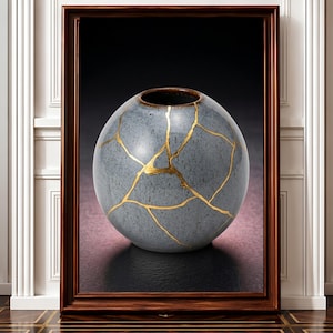 May include: A spherical ceramic vase with a speckled grey finish, featuring prominent gold-colored veins running across its surface in a kintsugi-inspired pattern. The vase has a circular opening at the top and is displayed within a dark wood frame.