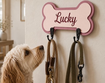 Personalized Dog Leash Holder, Custom Bone Leash Hook, Wooden Pet Wall Organizer, Dog Leash Rack, Dog Mom Gift, Pet Entryway Decor