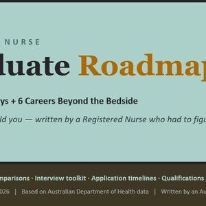 May include: A light blue informational guide titled The Aussie Nurse Graduate Roadmap. It features text about 9 clinical pathways, 6 careers beyond the bedside, and includes sections on state salary comparisons, an interview toolkit, and timelines.