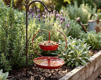 Alimentador e bebedouro para pássaros em formato de coração, 2 em 1, bandeja de ferro com acabamento vintage desgastado, decoração para jardim, varanda ou árvore, ideal para pássaros silvestres.