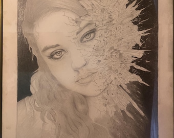 Grafitblyertsporträtt: Realistiskt abstrakt ansikte som bryts isär (16x20 inramat)