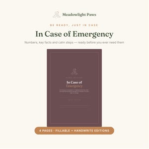 May include: A dark maroon document titled In Case of Emergency with a small dog and cat icon at the top. The text reads Be Ready, Just In Case, In Case of Emergency, and Numbers, key facts and calm steps. A brown banner states 4 PAGES FILLABLE + HANDWRITE EDITIONS.