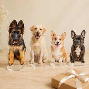 May include: Four clear acrylic stands featuring high-quality photographic prints of dogs: a black and tan German Shepherd puppy, a yellow Labrador Retriever, a tan and white Corgi, and a black and white French Bulldog, each on a circular base.