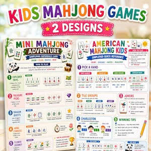Può includere: Due schede di riferimento educative per giochi di mahjong per bambini, intitolate Mini Mahjong Adventure e American Mahjong Kids. Le schede presentano illustrazioni colorate, istruzioni passo dopo passo, esempi di tessere e regole di gioco per bambini.