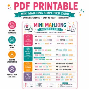 Può includere: Una scheda semplificata di mini Mahjong stampabile in PDF con una guida di riferimento rapido in quattro sezioni: Like Numbers, Evens + Odds, Dragons + Winds e In A Row. La scheda include testo colorato, icone e una legenda che spiega i simboli per fiori, draghi e venti.