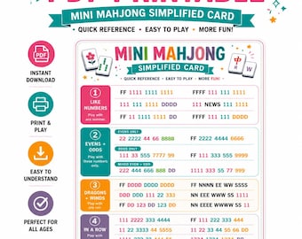 Tarjeta de Mahjong simplificada para niños, tarjeta de Mahjong americana imprimible para niños, manos de Mahjong para principiantes, noche de juegos en familia, descarga en PDF