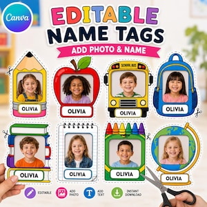 Peut inclure: Un modèle numérique d'étiquettes nominatives modifiables présentant huit motifs sur le thème de l'école, dont un crayon, une pomme, un bus scolaire, un sac à dos, des livres, un bloc-notes, des crayons de couleur et un globe.