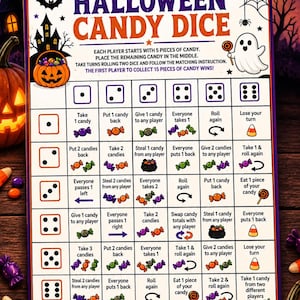 Op de afbeelding: Een Halloween Candy Dice spelbord met een raster van dobbelsteenworpen en bijbehorende snoepacties. De kop luidt Halloween Candy Dice, met spelinstructies. Het ontwerp bevat illustraties van spoken, pompoenen en snoepjes.