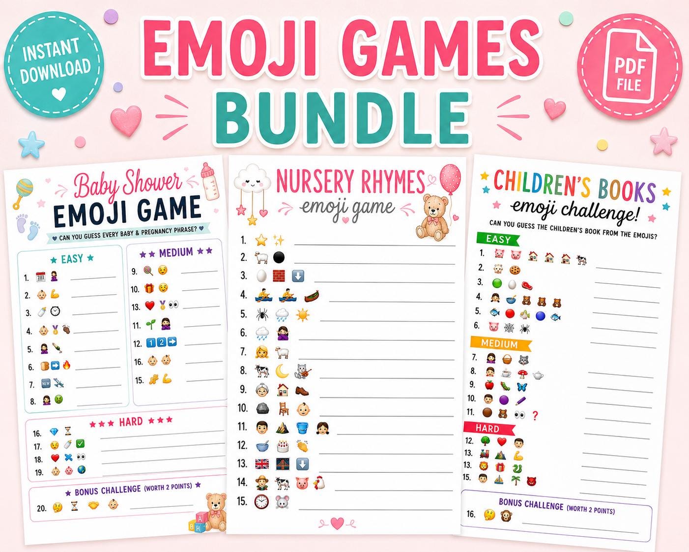 Emoji Games Bundle Baby Shower, Nursery Rhymes & Children's Books Printable Party Games Instant Download PDF