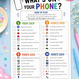 May include: A white game sheet titled What's On Your Phone? featuring four colour-coded sections with point values of 1, 2, 5, and 10. The list includes various phone-related tasks with checkboxes, ending with a line for the total score.