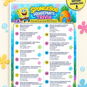 Op de afbeelding: Een SpongeBob SquarePants trivia-spelblad met vijftien meerkeuzevragen over de serie. Het ontwerp bevat illustraties van SpongeBob en zijn ananashuis, met blauwe, roze en gele bloemvormige accenten.