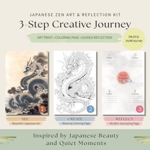以下が含まれることがあります： 「3-Step Creative Journey」と題された日本の禅アートとリフレクションキット。ドラゴンのデジタルアートプリント、白黒のドラゴン塗り絵ページ、そして感情、瞬間、洞察、感謝を書き込むためのセクションがあるガイド付きリフレクションページが含まれています。