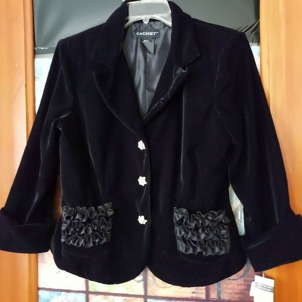 New Vintage CACHET Black Velvet Blazer jacket ruffle pocket rhinestone jewel buttons sz10 Elegant Cropped