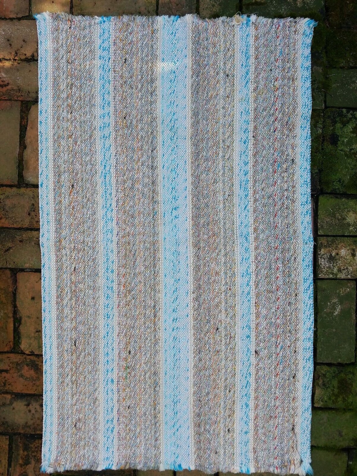 Granny Square Style Rag Rug Vintage Country Cottage Core Granny Rag Rug Blue and Gray Stripes 26 X ...