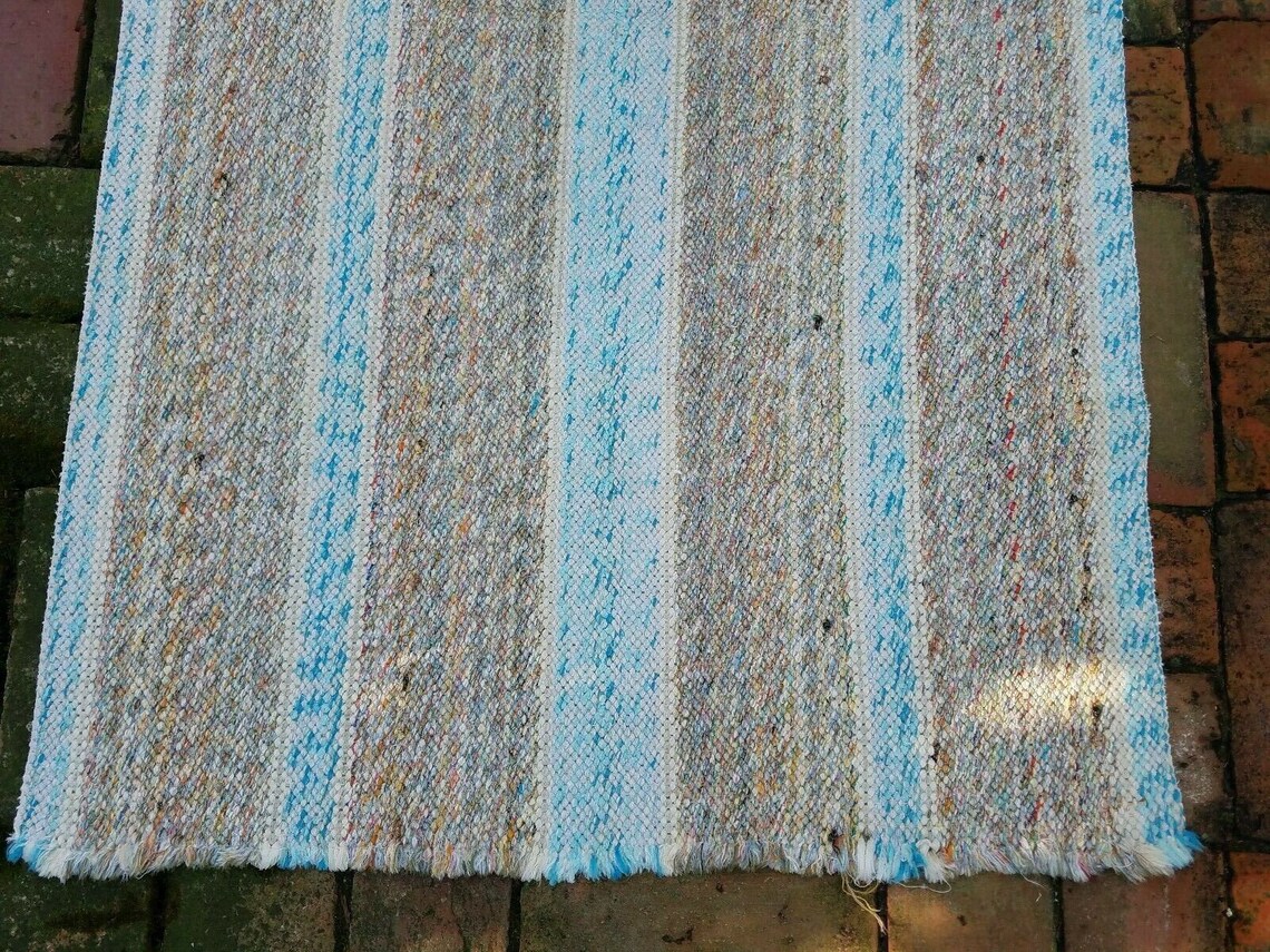 Granny Square Style Rag Rug Vintage Country Cottage Core Granny Rag Rug Blue and Gray Stripes 26 X ...