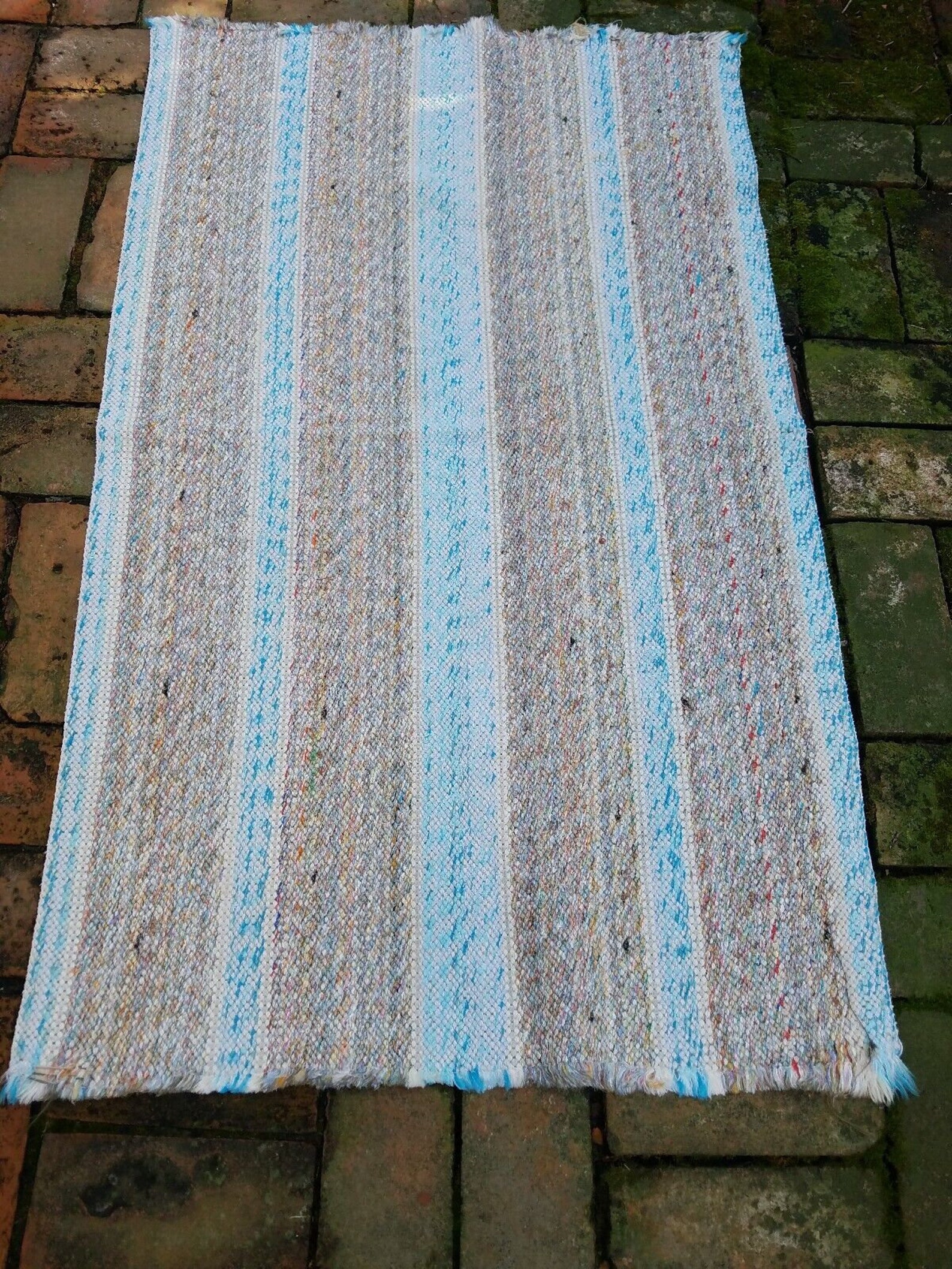 Granny Square Style Rag Rug Vintage Country Cottage Core Granny Rag Rug Blue and Gray Stripes 26 X ...