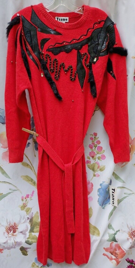 chinese dress ladies Faux Leather & Knit Turtleneck Dress Burgundy / L