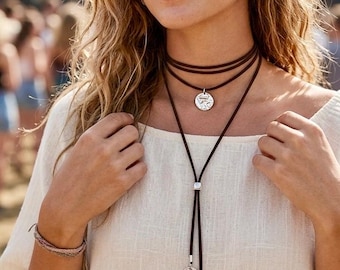 Black Cord Lariat Choker Necklace, Adjustable Y Necklace with Silver Discs, Layered Boho Choker, Minimalist Slide Necklace, Gift for Her