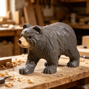 May include: A hand-carved wooden bear figurine featuring a dark grey finish on the body and a natural light wood tone on the snout. The sculpture displays visible chisel marks across its surface, depicting a bear in a standing position.