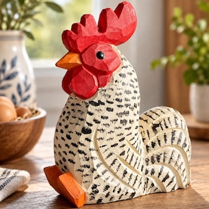 May include: A hand-carved wooden rooster figurine featuring a cream-colored body with black speckled markings, a bright red comb and wattle, an orange beak, and orange feet. The surface shows visible chisel marks throughout the entire sculpture.