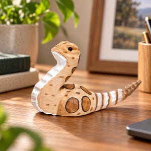 Handsnidad västerländsk skallerormsfigur, ormskulptur i trä, skrivbordsdekor, kontorsdekor, present till djurälskare