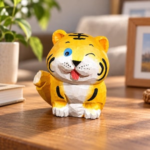 May include: A small, hand-carved wooden tiger figurine featuring a bright yellow body with white accents on the chest and paws. The tiger has black stripes, one blue eye, one winking eye, and a small red tongue sticking out of its mouth.