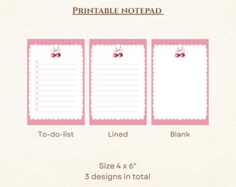 Pacchetto di blocchi note stampabili, carta intestata con ciliegie, lista delle cose da fare, design a righe e vuoti, modello PDF stampabile 4x6", download immediato