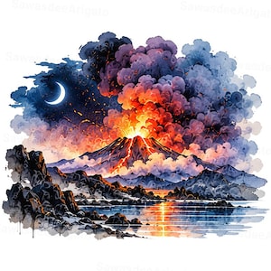 Puede incluir: Una ilustración en acuarela de una erupción volcánica nocturna, con un flujo de lava naranja brillante, la silueta de una montaña oscura y una luna creciente. Nubes de humo espeso de color morado y azul se elevan sobre el pico volcánico.