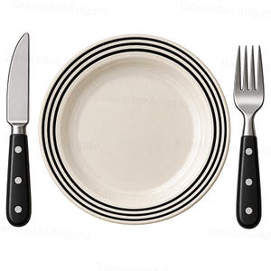 May include: A round off-white plate with three concentric black rings on the rim, positioned between a stainless steel dinner knife and a dinner fork, both featuring black handles secured with three silver-colored rivets on each side.