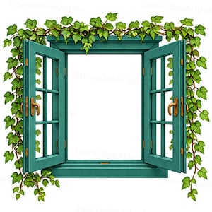 Puede incluir: Un marco de ventana color verde azulado con hojas abiertas y manijas color latón, rodeado de exuberantes enredaderas de hiedra verde. La ventana presenta un patrón de cuadrícula en cada lado y un espacio central vacío, enmarcado por follaje.