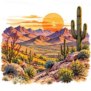 Könnte beinhalten: Eine Illustration im Aquarellstil einer Wüstenlandschaft mit einer großen orangefarbenen Sonne, die hinter violetten Bergen untergeht. Im Vordergrund sind grüne Saguaro-Kakteen, rot blühende Ocotillo-Pflanzen und verschiedene Wüstensträucher auf felsigem Boden zu sehen.