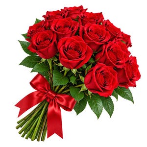 Puede incluir: Un ramo de rosas rojas vibrantes con hojas verdes exuberantes, dispuestas en un grupo denso y redondeado. Los tallos están reunidos y atados de forma segura con una cinta de satén rojo lisa y brillante, anudada en un lazo decorativo.