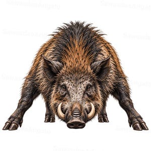 Puede incluir: Una ilustración detallada de un jabalí en una postura inclinada hacia adelante. El animal presenta un pelaje áspero de color marrón y negro, orejas puntiagudas y dos colmillos blancos curvos y prominentes que sobresalen del hocico.
