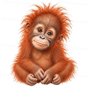 Può includere: Un'illustrazione digitale di un giovane orangotango con una vivace pelliccia arancione arruffata, grandi occhi marrone scuro e un'espressione dolce. Il primate è raffigurato dal busto in su, con le mani giunte davanti al corpo su sfondo bianco.